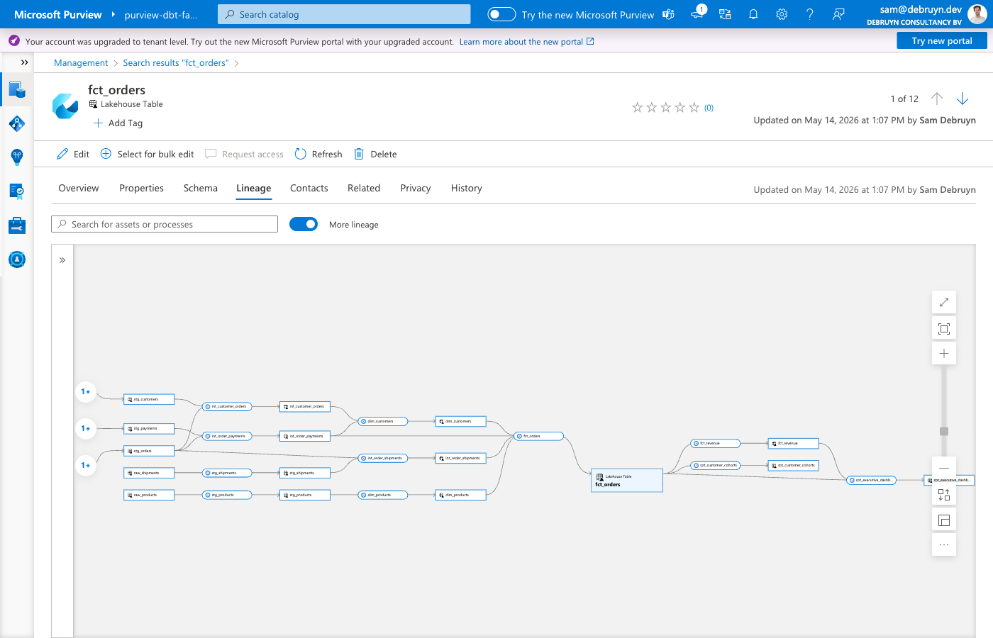 Table-level lineage graph in Purview created from dbt ref() and source() dependencies
